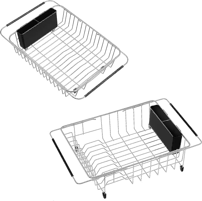 iPEGTOP Expandable Dish Drying Rack, Over The Sink Dish Rack, in Sink Or On Counter Dish Drainer with Black Utensil Holder Cutlery Tray, Rustproof Stainless Steel for Kitchen