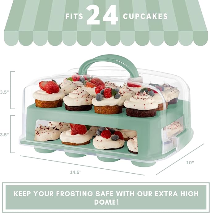 EXTRA TALL DOME 24 Cupcake Carrier, Green Cupcake Holder Carries 24 Cupcake Storage Container, Muffin Traveler Two Tier Stand Reusable Cupcake Box