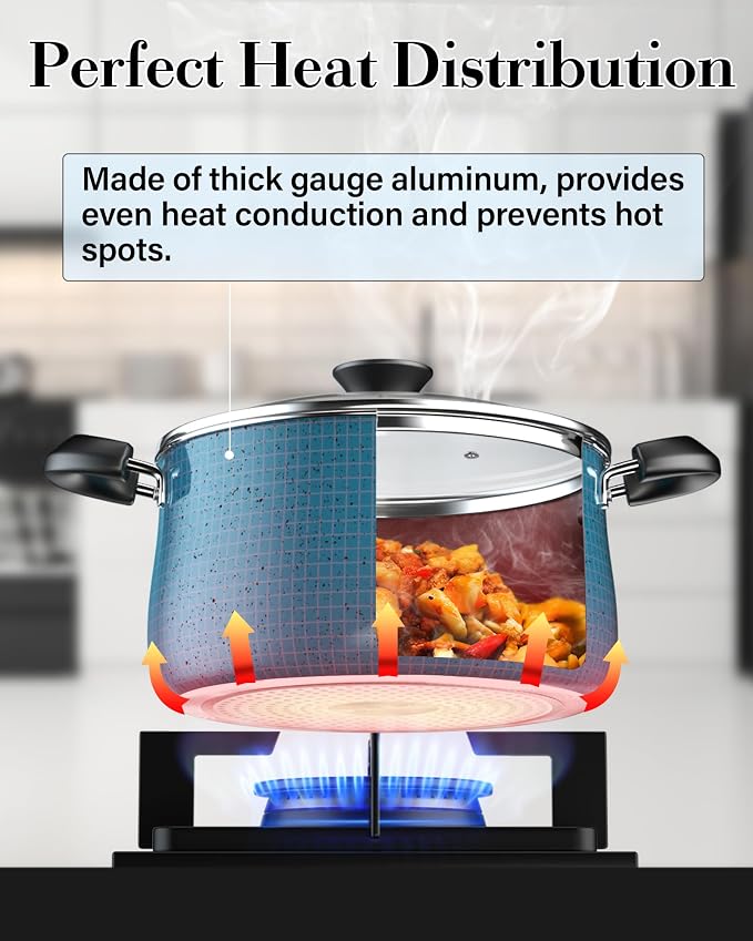 Cook N Home Professional Pots and Pans Nonstick Cookware Set, Belly Shape Kitchen Cooking Set with Frying Pans and Saucepans, Induction Compatible, 10-Piece, Turquoise