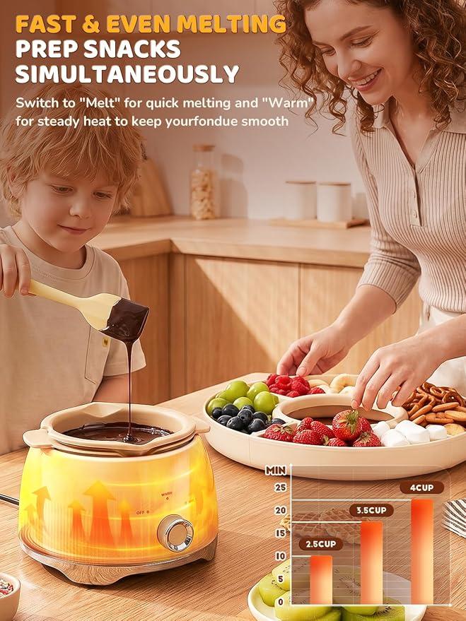 LUSHYUM Electric Chocolate Fondue Set, 4-Cup Chocolate, Rotating Tray | Melt & Warm Modes, Dual Silicone Inserts, 6 Color-Coded Forks, Easy-Clean, Ideal for Candy Melts, Couple Family & Date Night