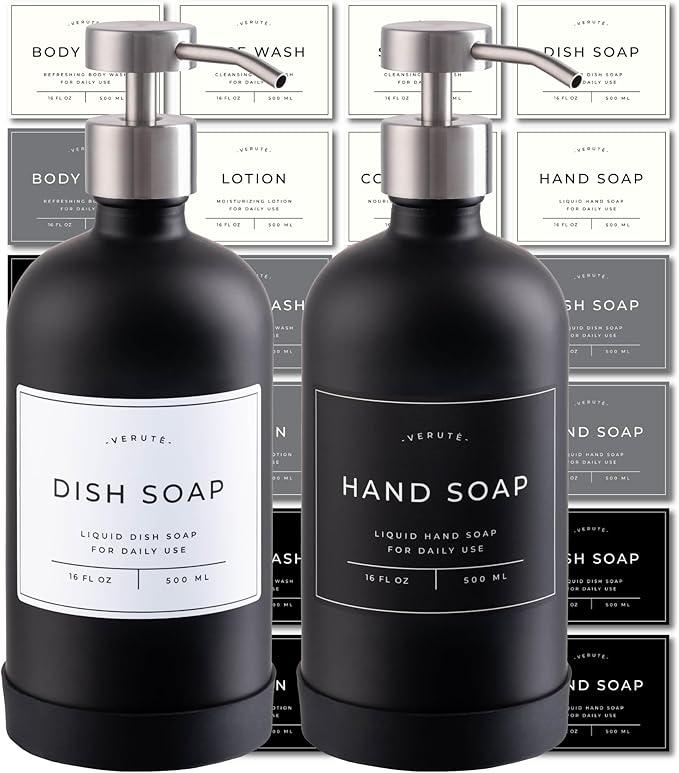 Hand and Dish Soap Dispenser for Kitchen and Bathroom, Set of 2 16 Oz Glass Bottles, Stainless Steel Pumps, Non-Slip Silicone Base, 27 Waterproof Labels (Matte Black Bottle/Brushed Silver Pump)