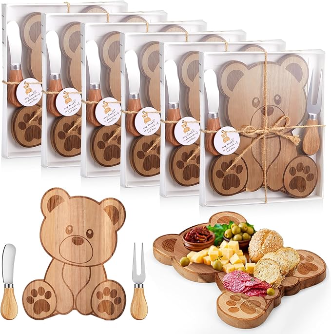 Ziliny 6 Set Baby Shower Prizes Bear Shaped Cheese Board with Cheese Knives and Forks Baby Shower Party Favors Gift Box for Wedding Bridal Birthday Gender Reveal Favor (Acacia Color)