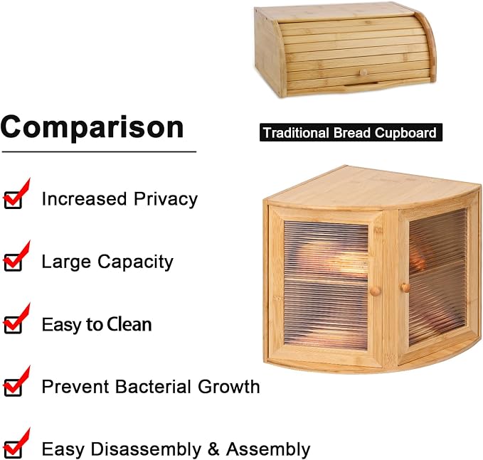 HOMEKOKO Double Layers Bamboo Corner Bread Box for Kitchen Counter, Vintage Wooden Large Capacity Bamboo Bread Food Storage Bin (Natural Bamboo)