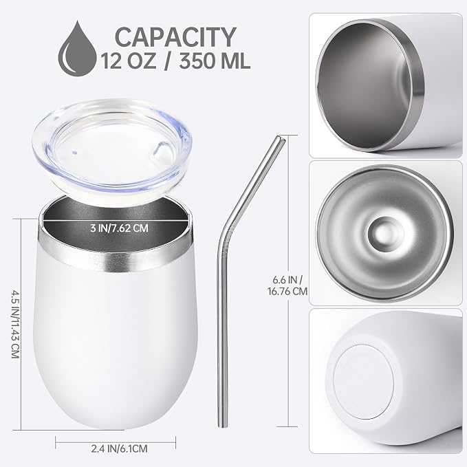 Volhoply 12oz Stainless Steel Wine Tumbler with Lid Bulk 8 Pack,Double Wall Vacuum Stemless Wine Glasses,Reusable Metal Travel Coffe Mug with Straw,Insulated Cup Gifts for Women,Christmas（White,8 Set）