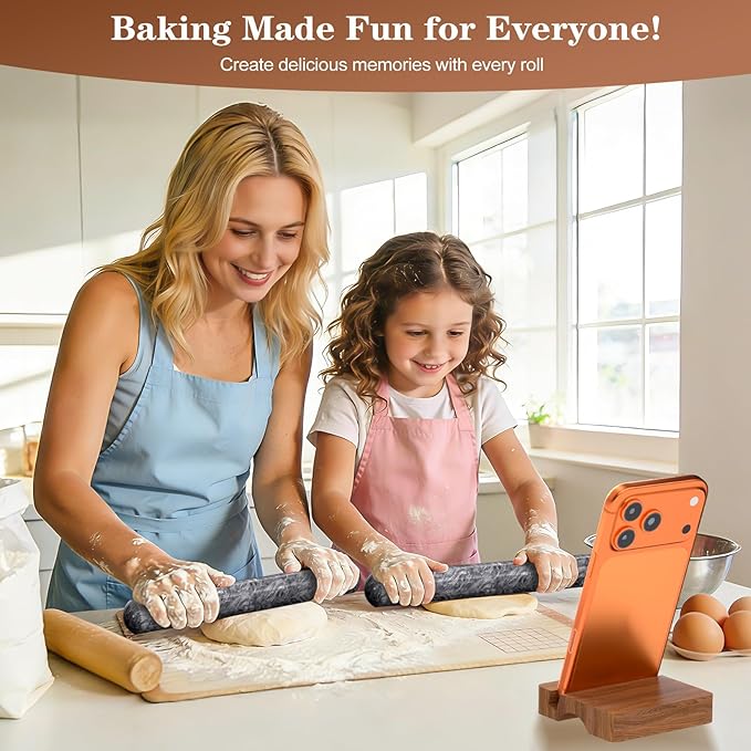 Marble Rolling Pin with Wooden Stand, FiiMan 12 Inch Heavy Rolling Pin for Dough, Stone French Polished Non-Stick Roller Pins For Baking Cookie Pizza Pastry (Black)