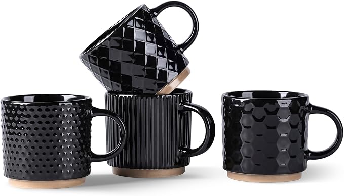GBhome 6OZ Stackable Coffee Mugs, Ceramic Coffee Mugs with Texture Patterns for Man,Woman,Dad,Mom, Modern Coffee Cups Set of 4 for Espresso/Cappuccino/Cocoa. Dishwasher&Microwave Safe, Black