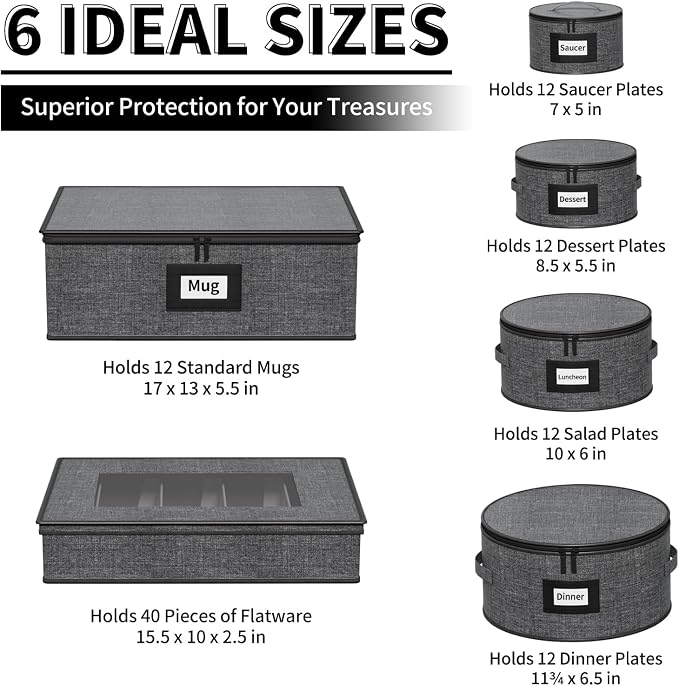 Aokeyee 6-Piece China Storage Containers Set, Hard Shell Moving Boxes for Dishes, Plates, Mugs & Flatware – Dinnerware Organizer with Soft Felt Dividers, Sturdy Handles & Zippers, Grey