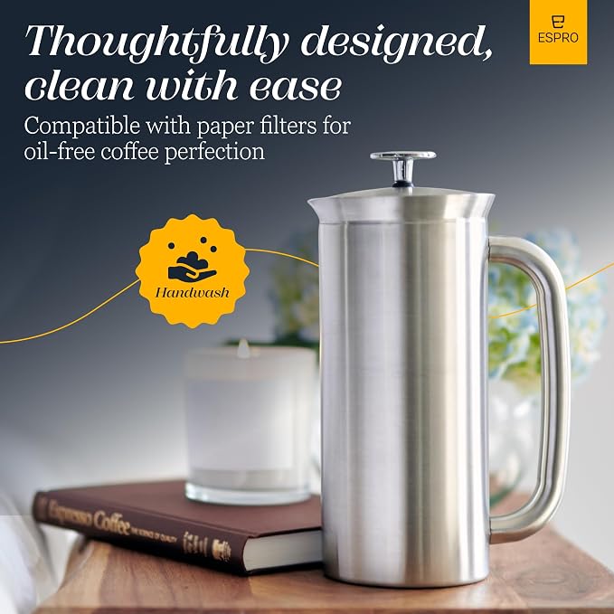 ESPRO Pro P7 Brushed Stainless Steel 304 French Press Coffee Maker for Dad, Patented Double Walled Micro-Filter, Insulated Grit-Free Brew, Heat Resistant BPA Free, 32oz