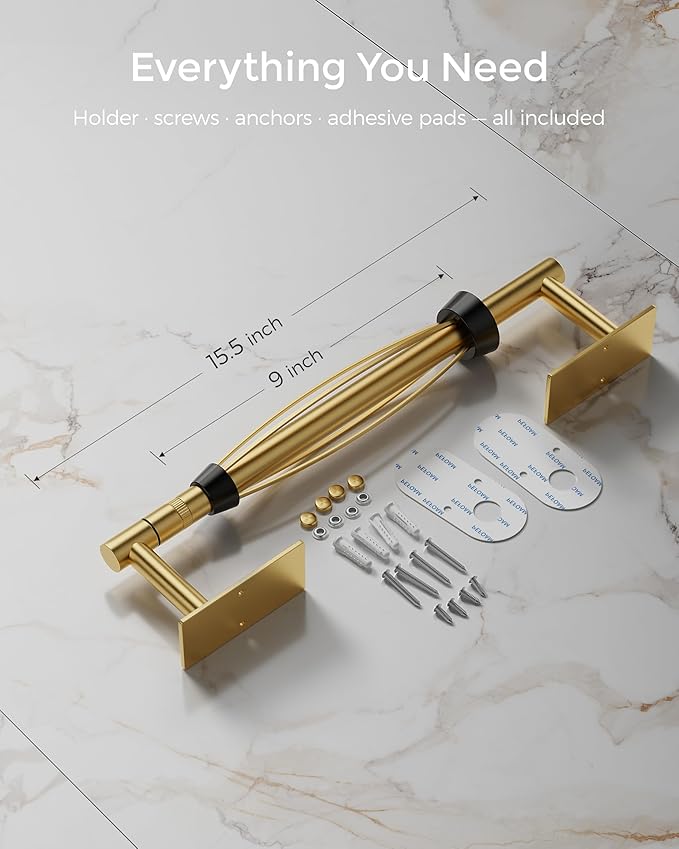 Gold Paper Towel Holder Under Cabinet, Self Adhesive or Wall Mount Hanging Paper Towel Holder with Damping Effect, Single Hand Operable, Stainless Steel for Kitchen Bathroom