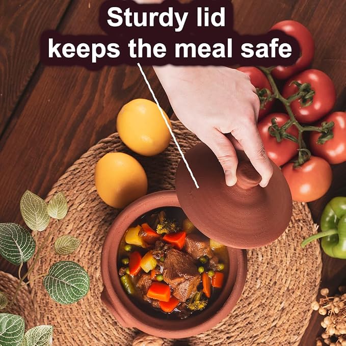Small Earthenware Clay Mexican Mud Eathern Terracotta Cooking Pot Pottery Cazuela Cookware with Lid Natural Stovetop Stove Top Stone Stew Rice Unglazed Indian Kitchen Oven Terra Cotta Handcrafted Traditional Healthy (1.2 Quarts - Size2)