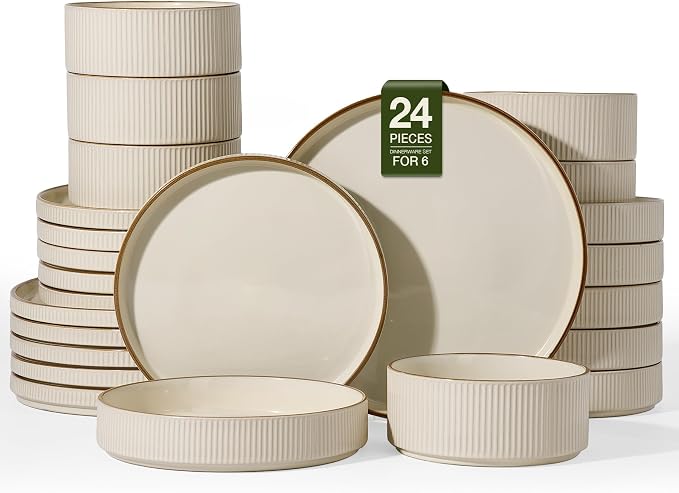 Famiware Star 24-Piece Stoneware Dinnerware Set with Trim, Service for 6 - Shallow Pasta Bowls & Flat Plates, Dishes for Everyday & Formal Use, Chip/Scratch Resistant, Microwave/Dishwasher Safe, Cream