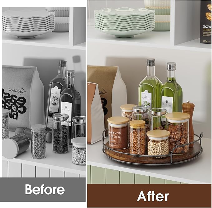 LAMU 2 Pack 10'' 12'' Lazy Susan Turntable Organizer for Table Top Cabinet, Wooden Lazy Susan for Kitchen, Pantry, Countertop, Bathroom Vanity, Spice Organization, Wood Decor