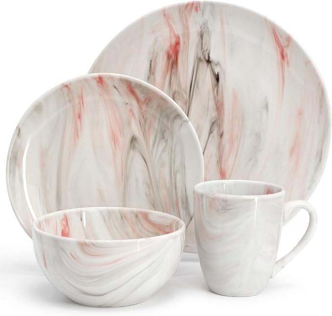 Elama Fine Marble 16 Piece Porcelain Dinnerware Set, Tableware Set, Everyday Dining, Service for 4 (Red/Gray)