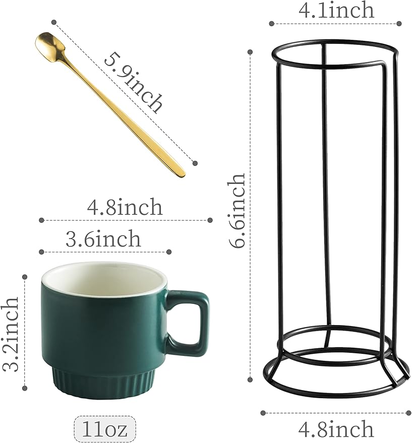 Miamolo Stackable Coffee Mugs Set of 4 with Holder Spoons 11oz Ceramic Cappuccino Cups for Espresso Latte Tea Drinks, Father's Day,Dishwasher & Microwave Safe, Green