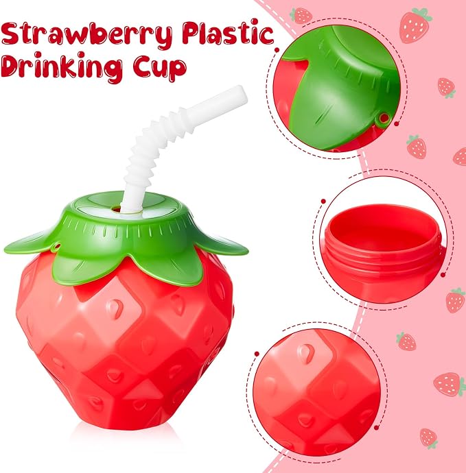 Havawish 24 Pcs 17oz Strawberry Shaped Cups with Lids and Straws, Reusable Spill Resistant Plastic Cute Drinking Cups Strawberry Water Bottles for Birthday Party Summer Gathering Girl Women Daily Use