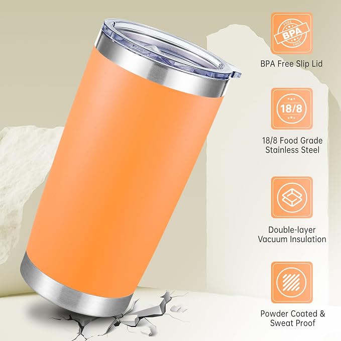 20 oz Tumblers Bulk Stainless Steel Tumbler with Lid Double Wall Vacuum Insulated Coffee Mug 20oz Powder Coated Cup for Hot and Cold Drinks, Orange, 12 pack