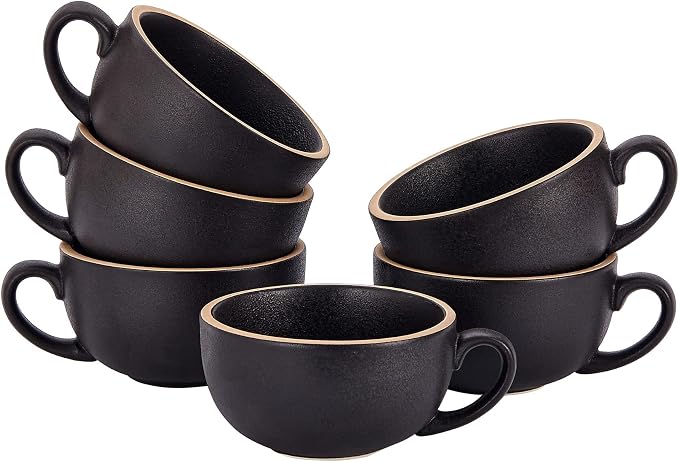 Coffeezone Set of 6 Cups Vintage Design 12 oz Professional Barista Ceramic Latte Art Cappuccino Cups Set (Rough Black * 6)