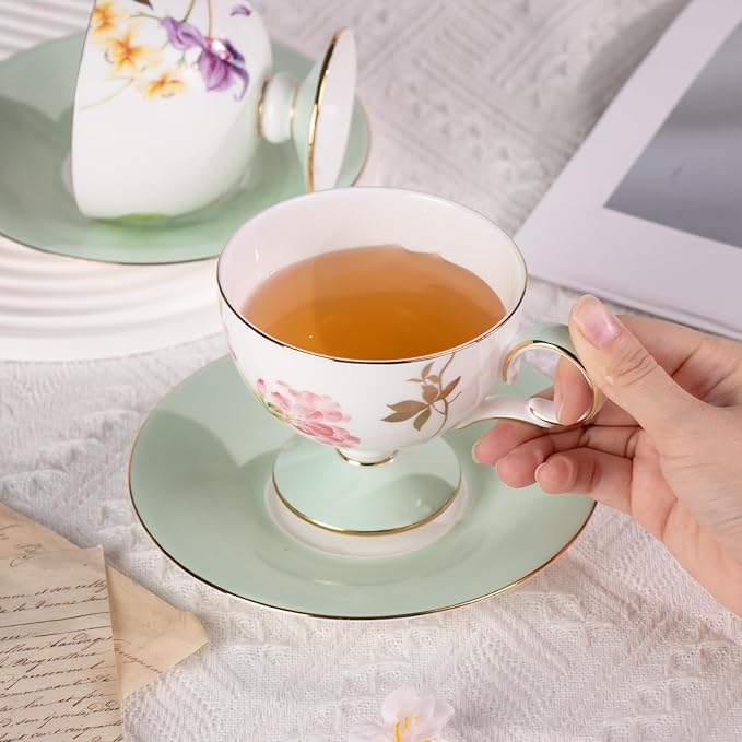 KAMMAK Ceramic Coffee Cups Saucers Set of 2, Porcelain Espresso Cups with Saucers, 7.44 oz Handcrafted Elegant Bone China Tea Cups, Passionflower & Crabapple Blossom Teacup for Party, Women Gift