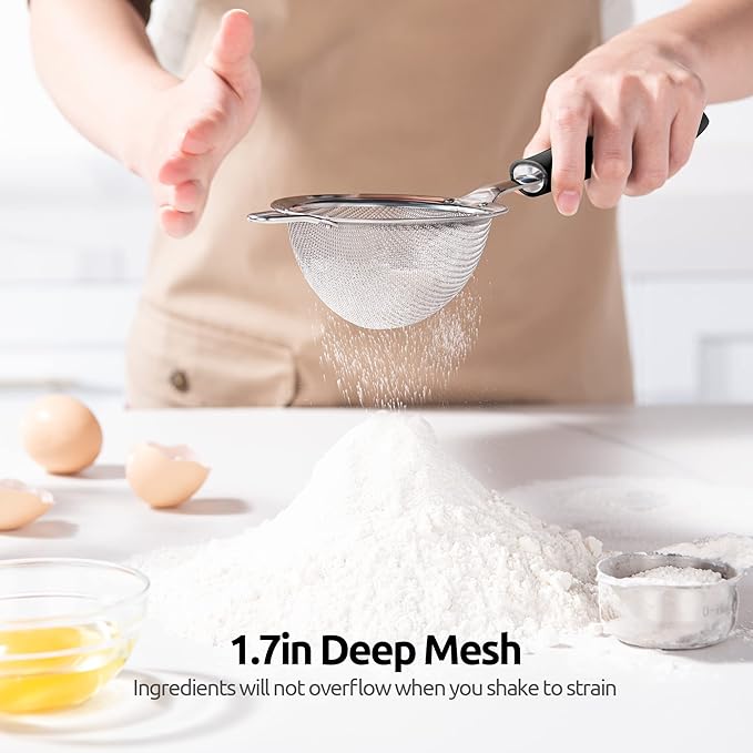 18/8 Stainless Steel Mesh Strainer: U-Taste 3.9 Inch Kitchen Fine Mesh Sieve Food Colander with Riveted Sturdy Silicone Handle and 30 Mesh Hole for Straining Flour, Quinoa, Tea, Juice (Black)