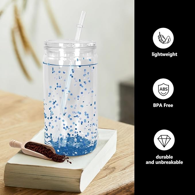 16 oz Plastic Snow Globe Tumbler, Acrylic Snow Globe Cups, Double Wall Clear Plastic Cups with Lids and Straws with Pre Drilled Hole DIY for Iced Coffee Boba Juice Soda 12 Pack