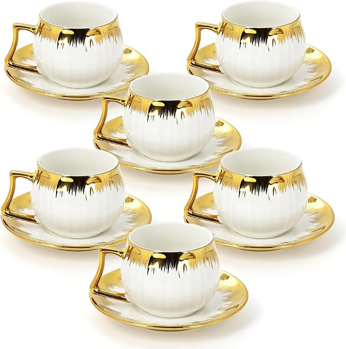 6 Pack 3.2oz Espresso Cups with Saucers, White Porcelain with Gold Electroplated Brushstroke Rim, Pumpkin Ribbed Striped Ceramic Coffee Cup Set, Dishwasher Safe, for Espresso, Latte, Tea, Home