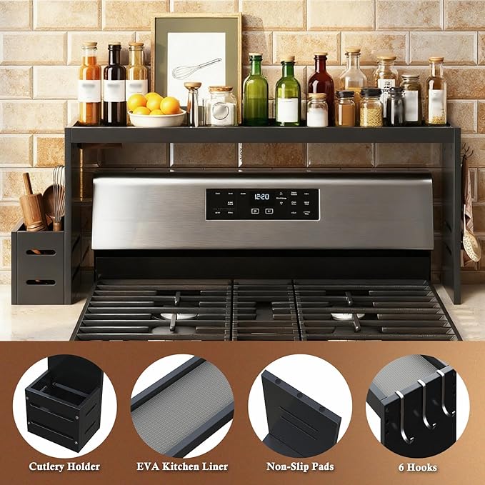Bamboo Over the Stove Shelf 31in - Durable Stove Shelf for Back of Stove with Non-Slip EVA Liner, 6 Hooks & Utensil Holder, Spice Rack for Standard Stoves (Black)