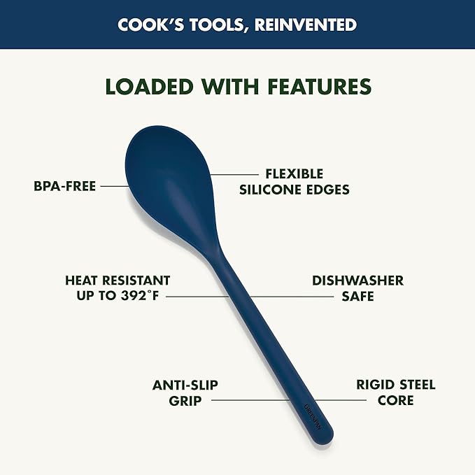 GreenPan Silicone Solid Spoon, Mixing Stirring Serving, Cooking Kitchen Utensil, Flexible Rubber Nonstick Cookware, Rigid Steel Core, Heat-Resistant, Anti-Slip Handle, BPA-Free, Dishwasher Safe, Blue
