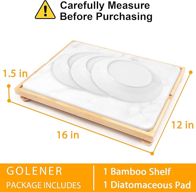 Golener Stone Drying Mat for Kitchen Counter, Dish Drying Pad with Bamboo Rack, Super Absorbent Diatomaceous Earth and Drying Rack, Multi-purpose Quick Drying Mat Rack for Kitchen,16”x12”,Marble White