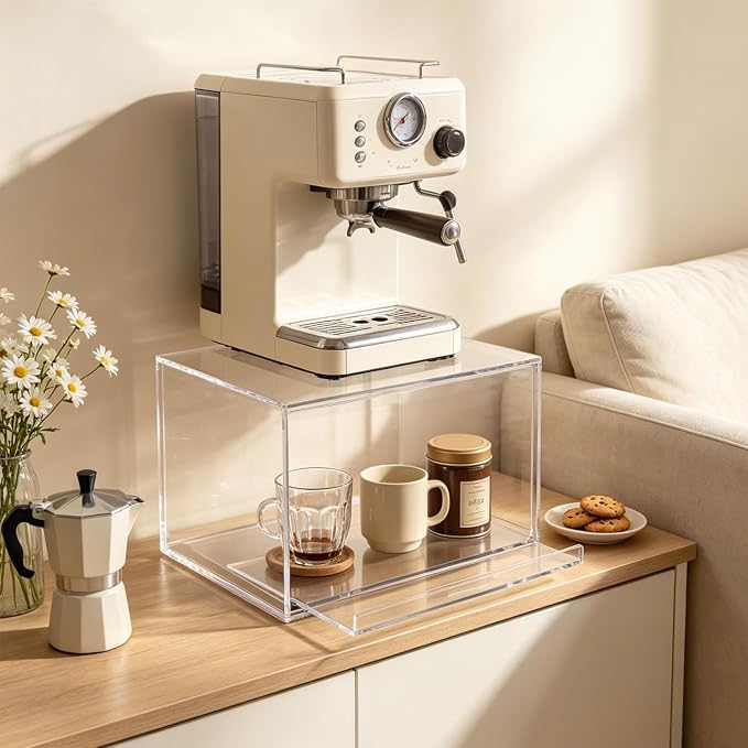 Clear Acrylic Coffee Bar Drawer, Countertop Espresso Machine Stand with Storage, Kitchen Organizers and Accessories for Cups, Mugs, Pods (14" x 8.1" x 8.1")