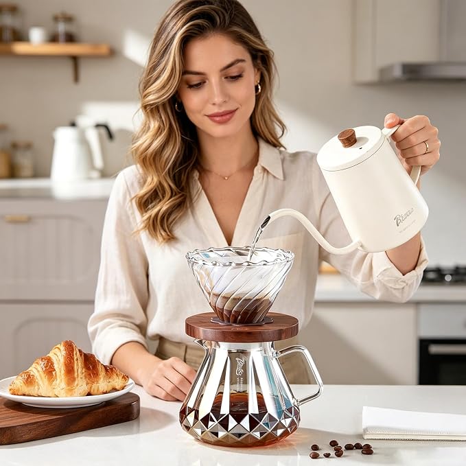 Bincoo Pour Over Coffee Maker&Dripper, Style Cone Filter + 600ml Glass Coffee Server, Manual Coffee Brewer Set, Reusable Coffee Filter Holder, Great Gift for Coffee Enthusiasts（Colorful）