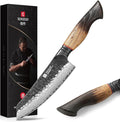XINZUO 5.7 Inch Damascus Small Santoku Knife,67-Layer Damascus Steel Razor Sharp Blade,Multi-Purpose Kitchen Knife For Meat,Vegetables & All Tasks With White Oak + Red G10 Gasket Handle