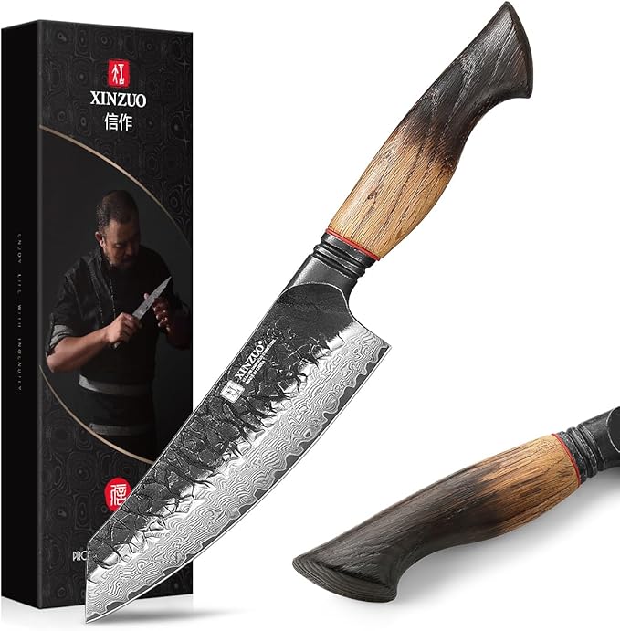 XINZUO 5.7 Inch Damascus Small Santoku Knife,67-Layer Damascus Steel Razor Sharp Blade,Multi-Purpose Kitchen Knife For Meat,Vegetables & All Tasks With White Oak + Red G10 Gasket Handle