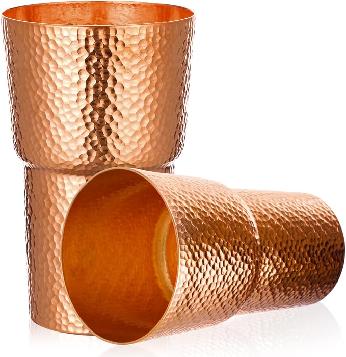 Willinglong 2 Pcs 100% Pure Copper Cup Tumblers 24 oz Handcrafted Hammered Copper Cups, Ayurvedic Health Benefits Drinking Vessel for Family Health Water, Cocktails, Iced Tea Glasses(Novel)