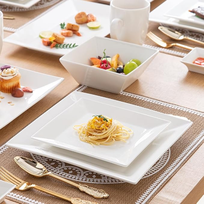 Porlien 16-Piece Classic Square Dinnerware Set for 4-Square Dinner Plates, Dessert Plates, Bowls & Dipping Saucers, Off White Dishes for 4