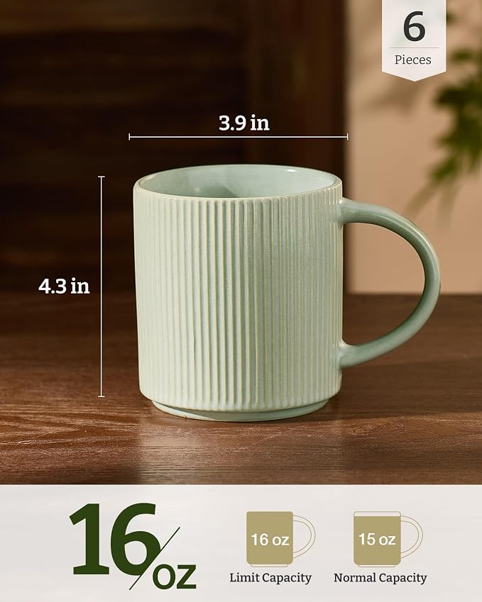 famiware Coffee Mug Set for 6, Star 16 oz Catering Mugs Cup Set with Handle for Coffee, Tea, Cocoa, Milk - Ceramic Stoneware Drinkware Set, Matte Green