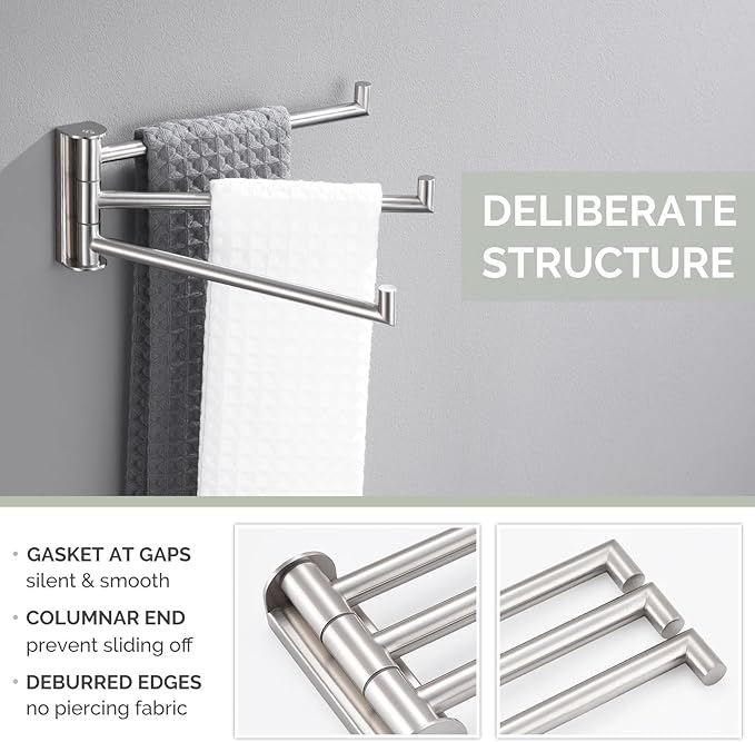 Angle Simple Swivel Hand Towel Holder 3 Bars Brushed Nickel, 304 Stainless Steel Hand Towel Rack for Bathroom Wall Mount