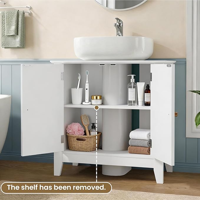 Under Sink Bathroom Cabinet with U-Shape Cutout for Pedestal Sink, Storage Cabinet with 2 Doors, Adjustable Shelf, Freestanding Floor Cabinet, Space-Saving Organizer for Bathroom (White)
