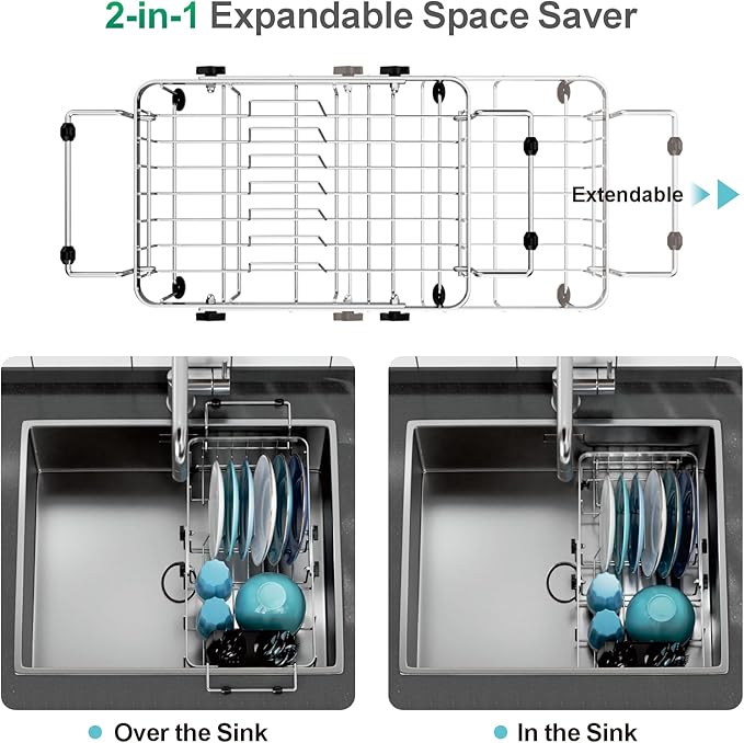 GSlife Small Over the Sink Dish Drying Rack - 9" W Expandable Stainless Steel Compact Dish Drainer for RV, Apartment, Camper, Kitchen, Dish Strainer with Lock Knob, Silver