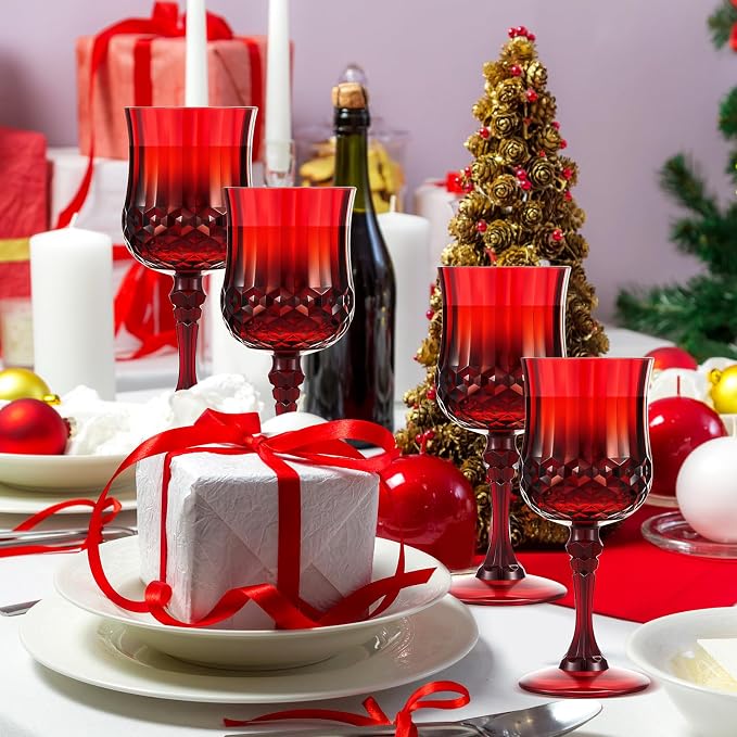 Pinkunn 24 Pcs 7 oz Plastic Vintage Wine Glasses Reusable Colored Goblets Patterned Drinking Water Glasses Cup Dishwasher Safe for Mother's Day Wedding Reception Party Supplies (Red)