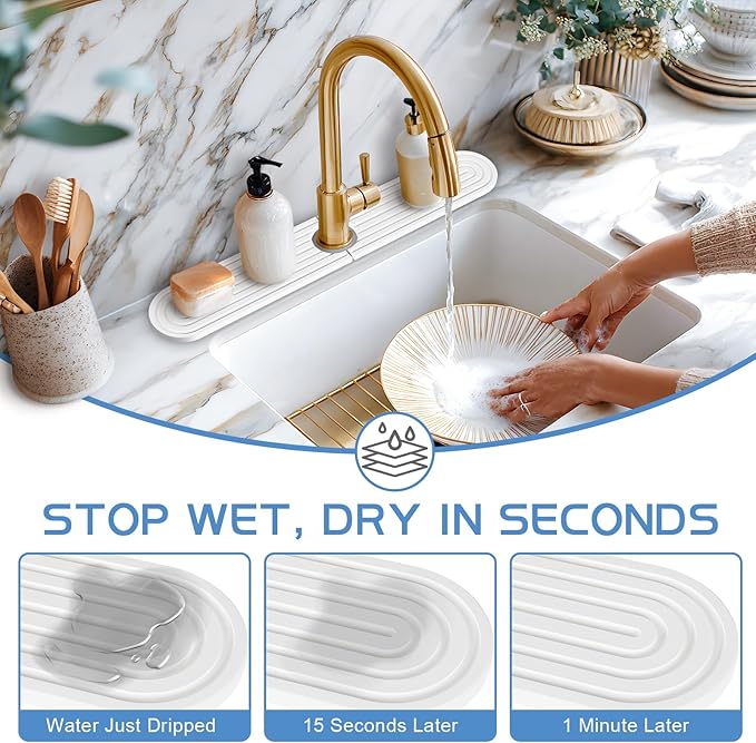 Stone Faucet Mat for Kitchen Sink, Water Absorbent Fast Drying Stone Tray for Sink , Quick Dry Diatomite Splash Guard for Bathroom Counter to Prevent Moisture Buildup, 30" x 4", White