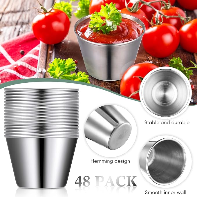 Potchen 48 Pack 2.5 oz Metal Ramekins Sauce Cups Stainless Steel Condiment Cups Round Dipping Containers for Vinegar Butter Ice for Kitchen Restaurant Catering Camping BBQ Party