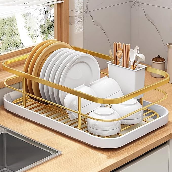 Kitchen Counter Dish Drying Rack,Stainless Steel Dishes Drainer with Utensil Holder,Space-Saving Dish Rack,Removable Plastic Drainer Tray for Dishes, Knives, Spoons (Gold,No Cup Holder)