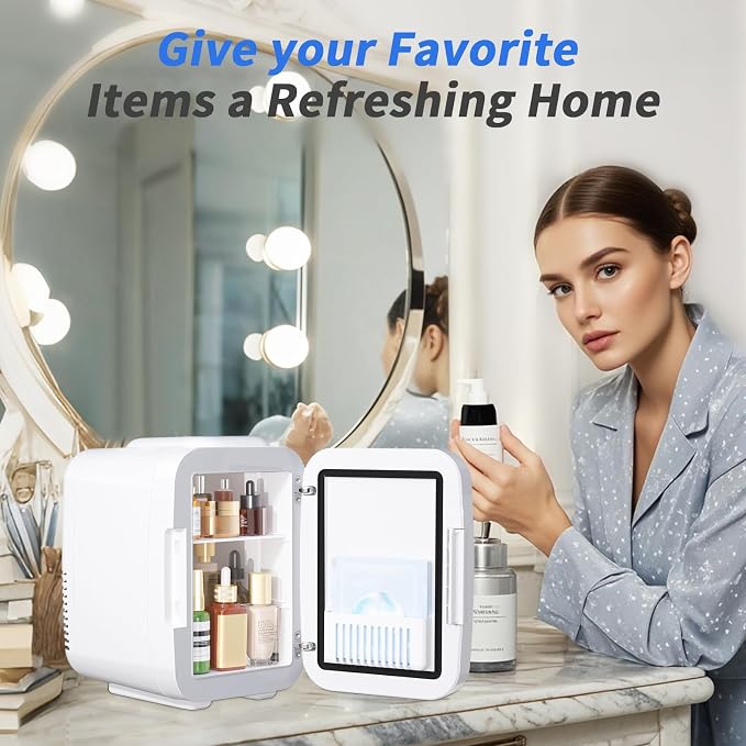 OSTBA Skincare Fridge Mini Fridge for Bedroom with Dimmable LED Mirror, 4Liter/6 Cans Cooler and Warmer for Makeup, Cosmetic, Beauty, Portable Refrigerator for Bedroom, Vanity, Office and Car