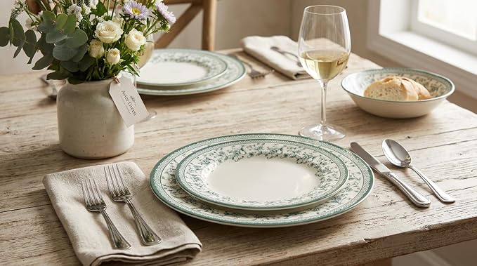 Tudor Royal 24-Piece Round Dinnerware Set, Service for 6, Aster Green Design, Red Floral, Plates Bowls Mugs Dishes, High Gloss Premium Quality