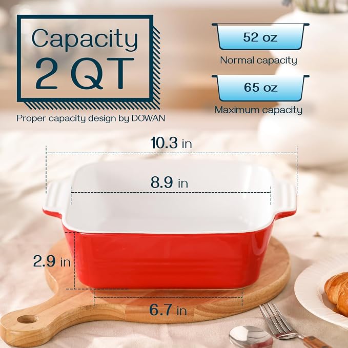 DOWAN 8x8 Baking dish, Square Baking Pan, Ceramic Casserole Dishes for Oven, Cake Pan with Handle, for Brownie, Lasagna, Casserole, 2 Quart, Home Gift, Wedding Gift, Red