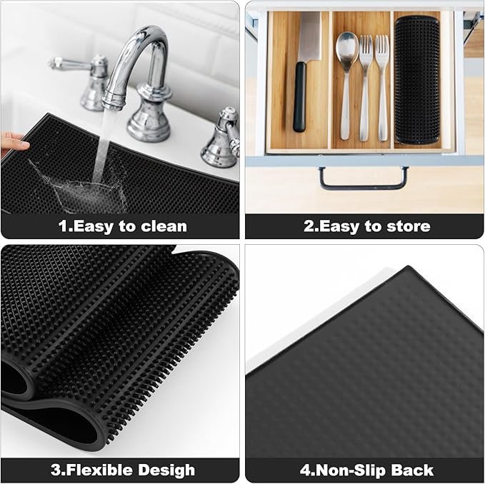 Large Rubber Bar Mat 24"x12" 1cm Thick, Durable Non-Slip Bar Mats for Bartending, Spill Mats for Counter Top，Kitchen, Coffee Bar, Restaurant, Dish Drying Mat, Glass Drying Mat, 2 Packs Black