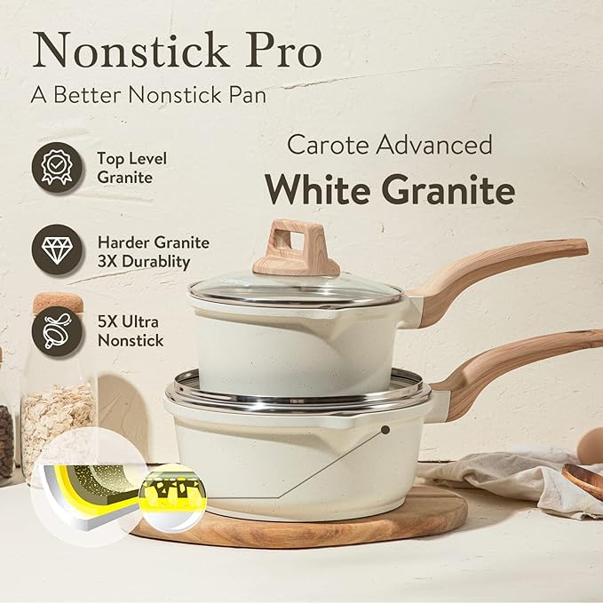 CAROTE 1.5Qt & 3.0Qt Sauce Pan Sets with Lid Cooking Pots Nonstick Saucepans Cookware Set with Pour Spout Small Kitchen Pot, Induction Comptable, Easy to Clean, PFOA FREE (White Granite)