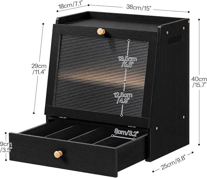 HOOBRO Bread Box, Bamboo Bread Box for Kitchen Countertop, 2-Tier Bread Storage Container with Drawer, Bamboo Food Cabinet with Acrylic Door, for Kitchen, Dining Room, Black BK21MB01