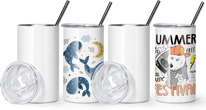 AGH 12 oz Sublimation Tumblers Blanks with Lids and Straws 4 Pack Stainless Steel Straight Skinny Tumblers for Kids Double Wall Vacuum Insulated Tumbler BPA-Free Great DIY Gift for Children