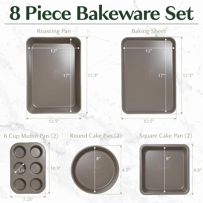 Goodful All-In-One Nonstick Bakeware Set, Stackable and Space Saving Design includes Round and Square Pans, Muffin Pans, Cookie Sheet and Roaster, Dishwasher Safe, 8-Piece, Linen